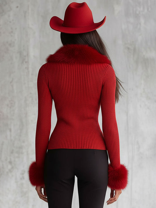 Lapel Zipper Faux Fur Collar Knitted Cardigan for Women