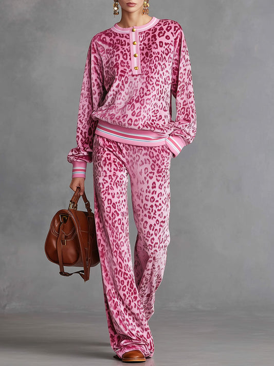 Cozy Pink Velvet Leopard Print Long Sleeve Sweatshirt Pants Set