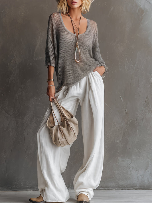 Gray Mesh Knit T-Shirt and White Cotton Linen Pant Set