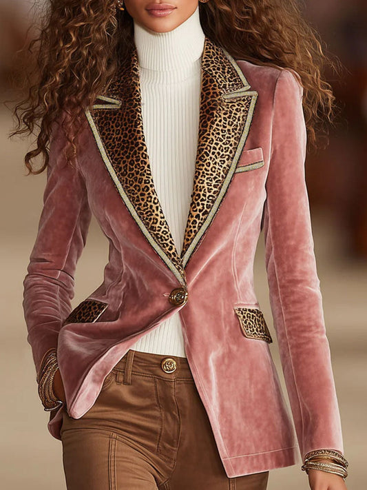 Pink Velvet Leopard Print One Button Blazer for Women