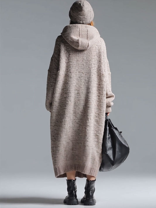 BXL Retro Floral Hooded Knitted Midi Dress with Pockets Gray