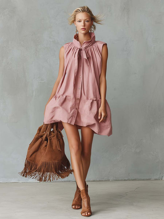 Elegant Cotton-Linen Mini Dress Stand Collar Bubble Hem Pink