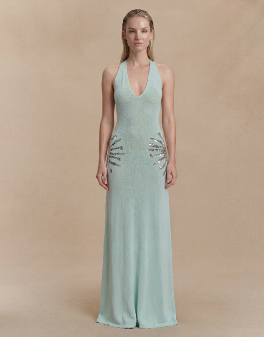 Light Blue Summer Maxi Dress for Women | Backless Halter Wedding Guest Dress