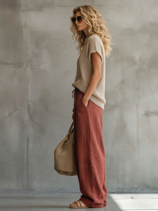 Retro Knit Top and Brick Red Linen Wide-Leg Pants Set