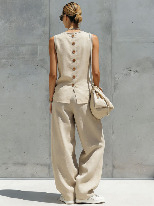 Retro Sand Cotton Linen Sleeveless Cardigan Wide Leg Pants Set