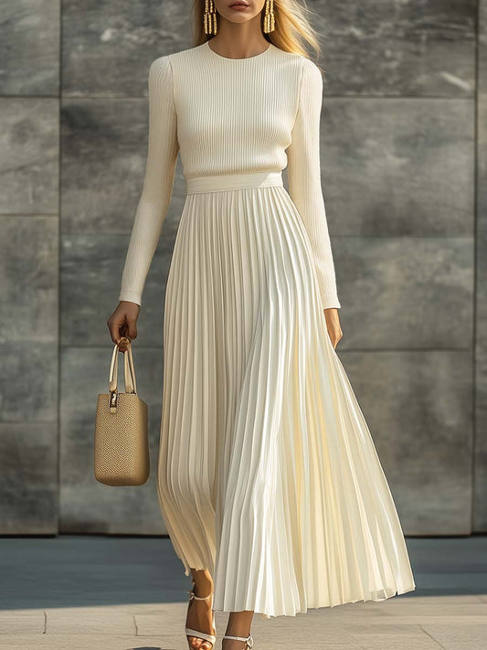 CSS Long Sleeve Knitted Satin Pleated Hem Casual Maxi Dress