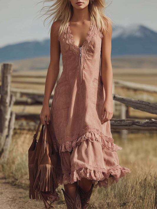 CSS Vintage Western Faux Suede Midi Dress Lace Pink