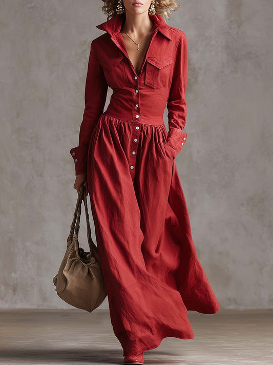 CSS Retro Western Lapel Button Down Cotton Linen Maxi Dress