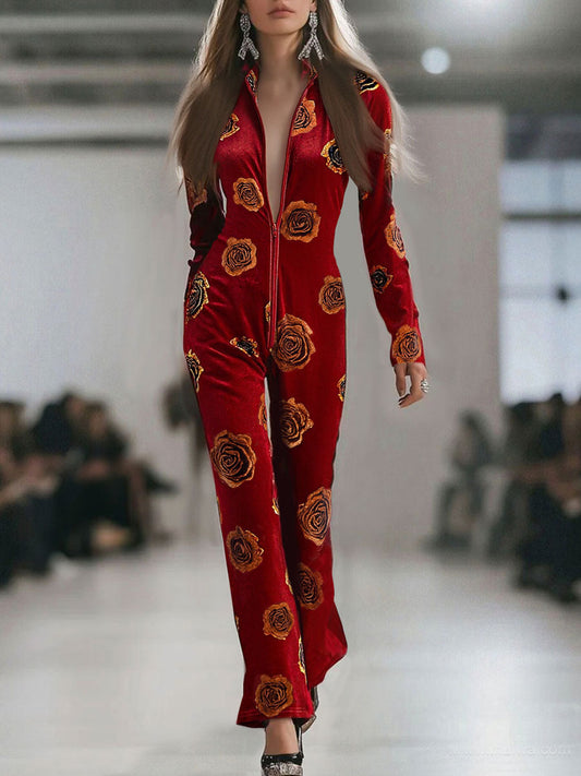 Retro Red Velvet Gold Rose Print Long Sleeve Zipper Jumpsuit