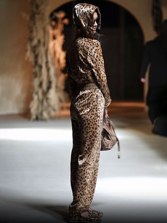 Vintage Velvet Leopard Print Hooded Jumpsuit with Zipper Detail