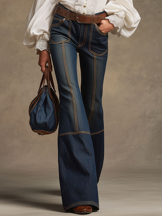 Retro Navy Denim Jeans with Brown Double-Stitching and Flared Fit