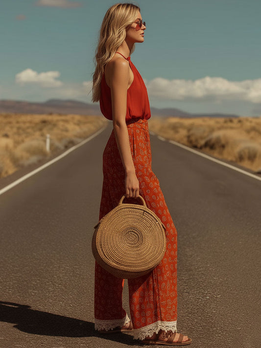 XWC Western Retro Print Sleeveless Shirt And Trousers Set Red