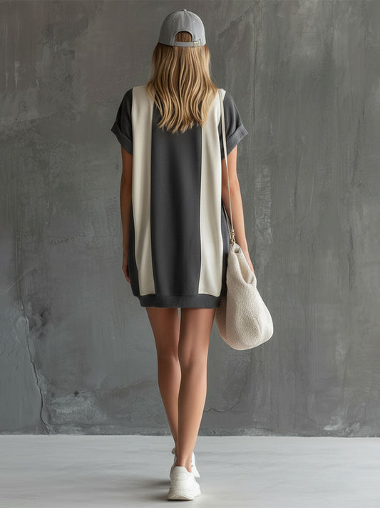 XWC Casual Retro Color-Blocked Cotton Mini Dress Gray White