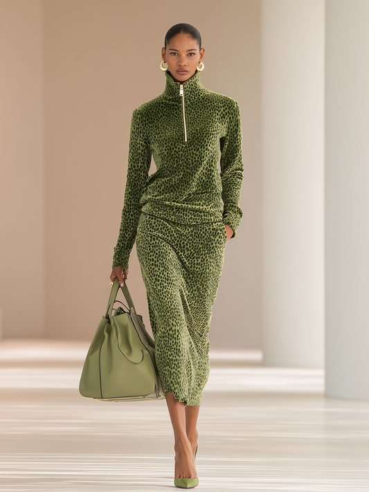 Retro Green Leopard Print Velvet Stand Collar Top Skirt Set