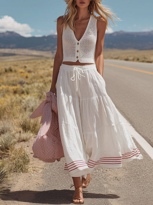 Western Retro Sleeveless Knit Top and Cotton Linen Skirt Set