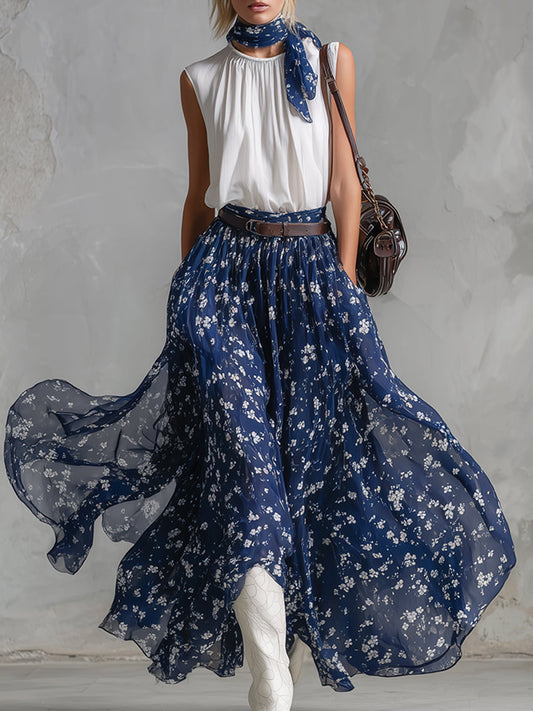 Elegant White Sleeveless Top and Blue Floral Chiffon Skirt Set