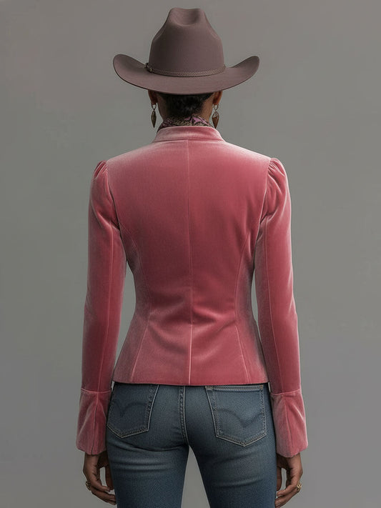 Embroidered Floral Velvet Western Jacket with Stand Collar Pink