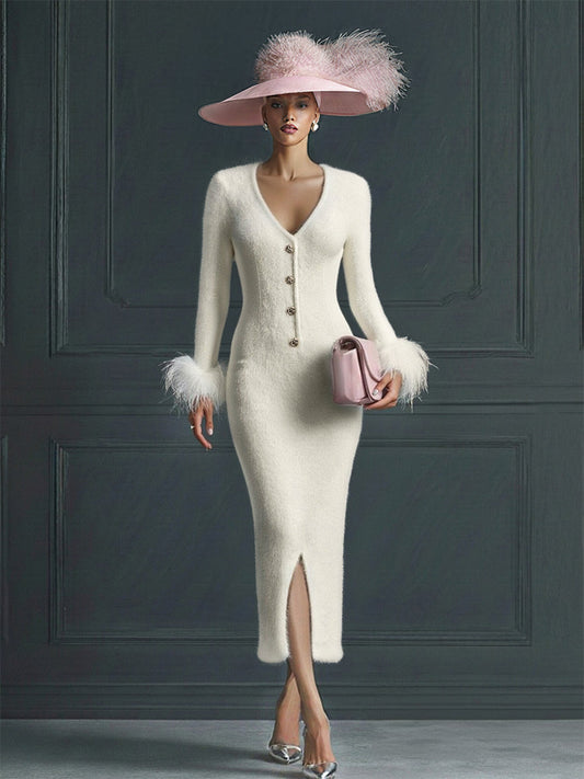 QMY Mohair V-Neck Midi Dress With Feather Cuffs White