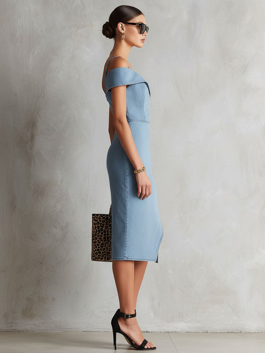 Retro Off-Shoulder Denim Midi Dress with Side Slit Light Blue