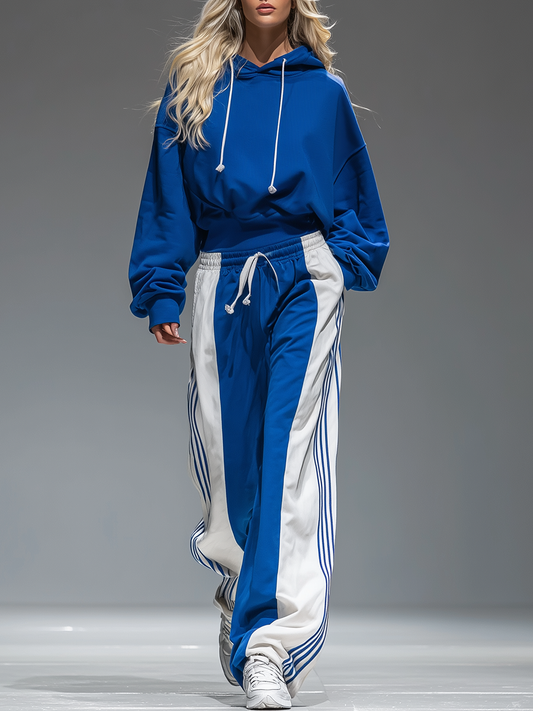 QMY Retro Sporty Hoodie and Striped Wide Leg Pants Set