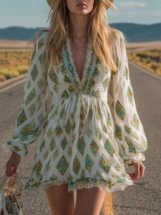 Boho Ethnic Print Chiffon Mini Dress with Lace Trim