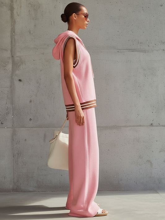 BXL Retro Sporty Sleeveless Hooded Sweatshirt Wide-Leg Pants Set Pink