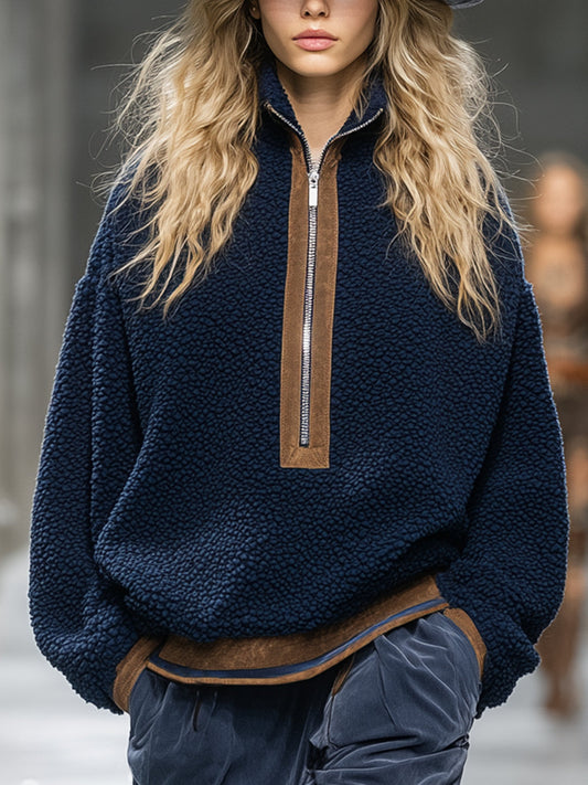 Cozy Blue Teddy Fleece Sweatshirt with Retro Brown Trim Detail