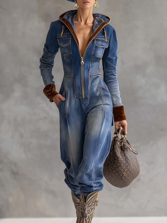 Vintage Western Denim Jumpsuit with Velvet Panels and Hood Blue