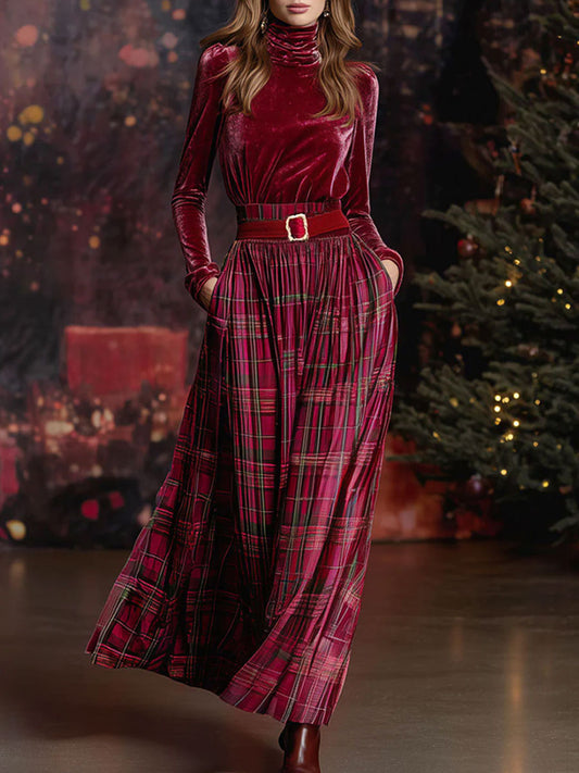 Festive Red Velvet Turtleneck and Plaid Skirt Two Piece Set
