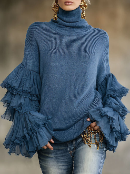 Stylish Blue Turtleneck Ruffle Sleeve Knit Pullover Sweater