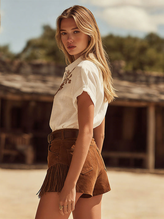 Retro Embroidered Cotton-Linen Top and Fringed Faux Suede Shorts Set