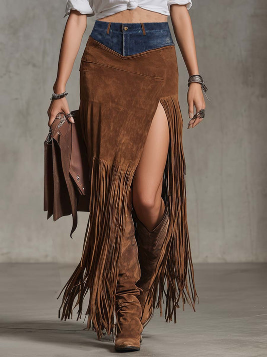 Vintage Western Brown Suede Patchwork Tassel Asymmetrical Long Skirt