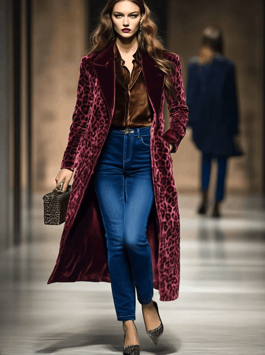 Vintage Velvet Leopard Print Colorblock Lapel Coat for Women