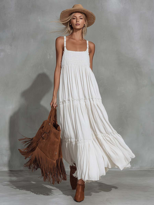 CSS Retro Western Cotton Linen Strappy Maxi Dress White