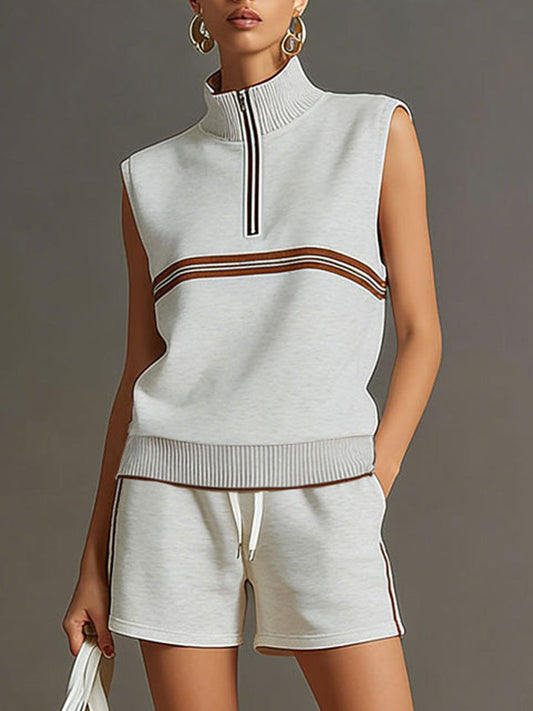 BXL Retro Sporty Half-Zip Sleeveless Sweatshirt Shorts Set Grey White