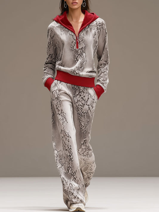 Retro Gray Snakeskin Velvet Hooded Sweatshirt and Wide-Leg Set
