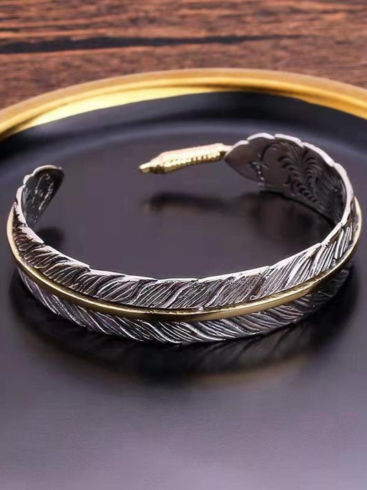 Vintage Western Feather Cuff Bracelet Silver Adjustable Bohemian Accessory