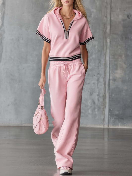 Sporty Pink Cotton Hooded Front Zipper Top Pants Set