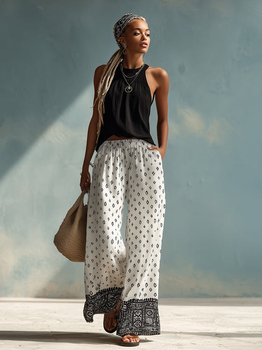 Chic Black Halter Top With Printed Chiffon Wide-Leg Pants Set