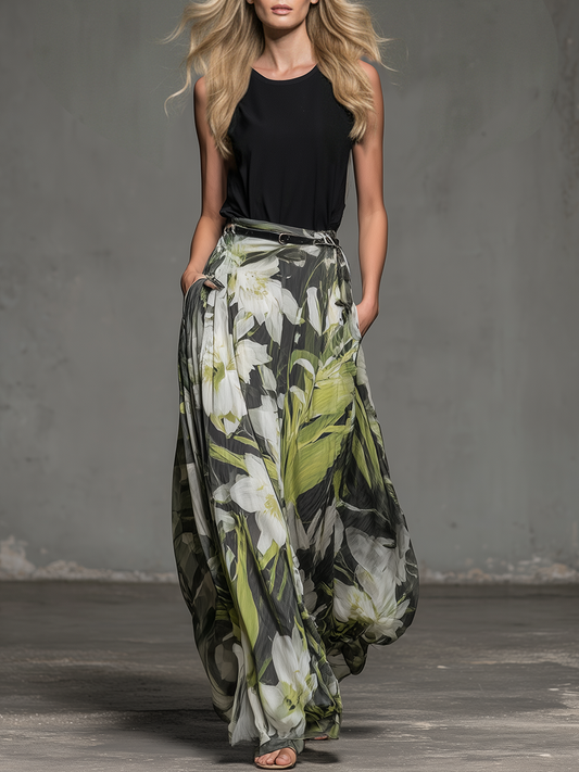Elegant Sleeveless Round Neck Top With Printed Chiffon Trousers Set