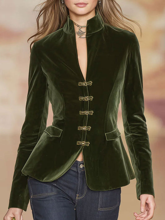 Elegant Retro Dark Green Velvet Blazer With Gold Button Details