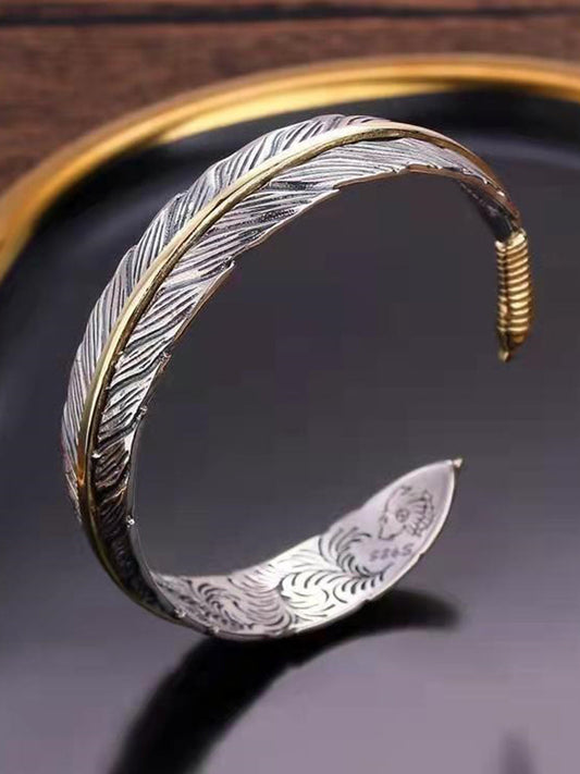 Vintage Western Feather Cuff Bracelet Silver Adjustable Bohemian Accessory