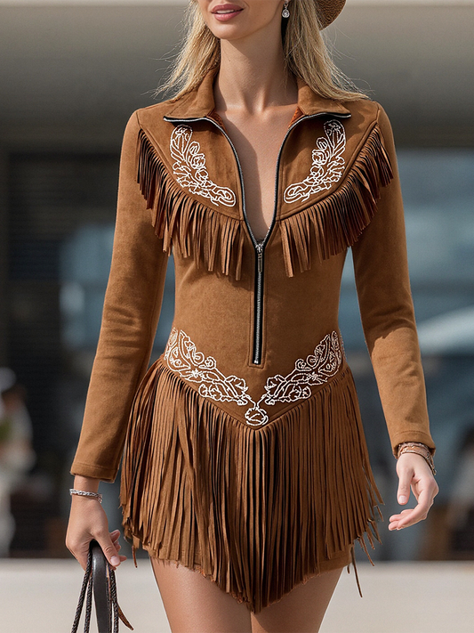 Vintage Western Faux Suede Embroidered Mini Dress Brown