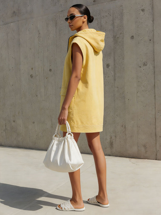BXL Casual Retro Sleeveless Denim Hooded Half-zip Mini Dress Yellow