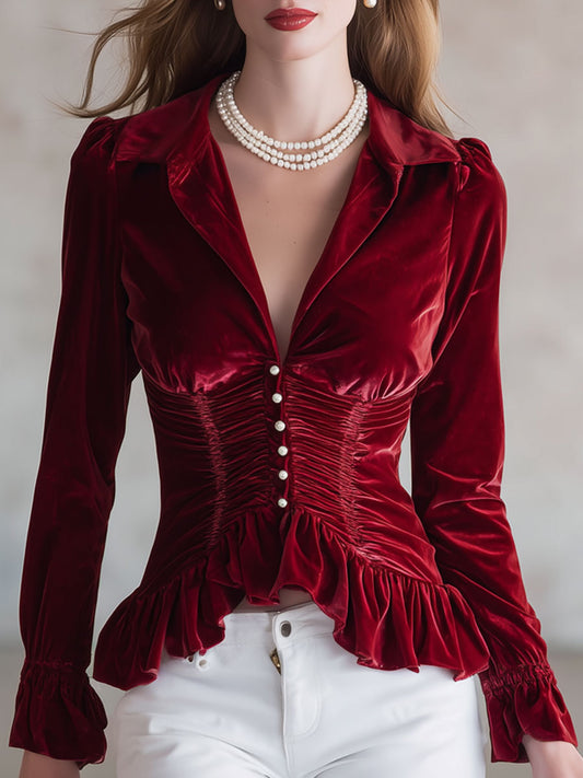 Fashionable Retro Red Velvet Long-Sleeved Shirt with Pleated Ruffles