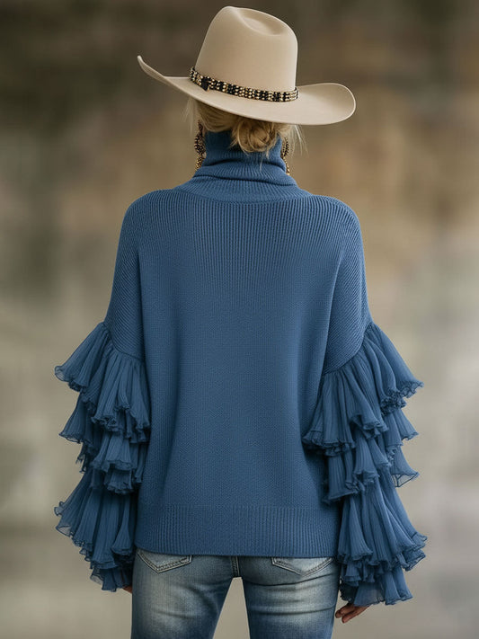 Stylish Blue Turtleneck Ruffle Sleeve Knit Pullover Sweater