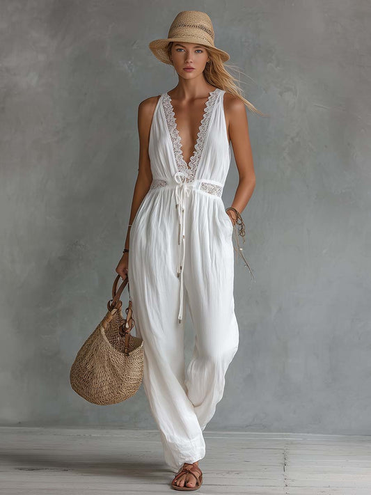 White Cotton-Linen Lace V-Neck Bohemian Summer Jumpsuit