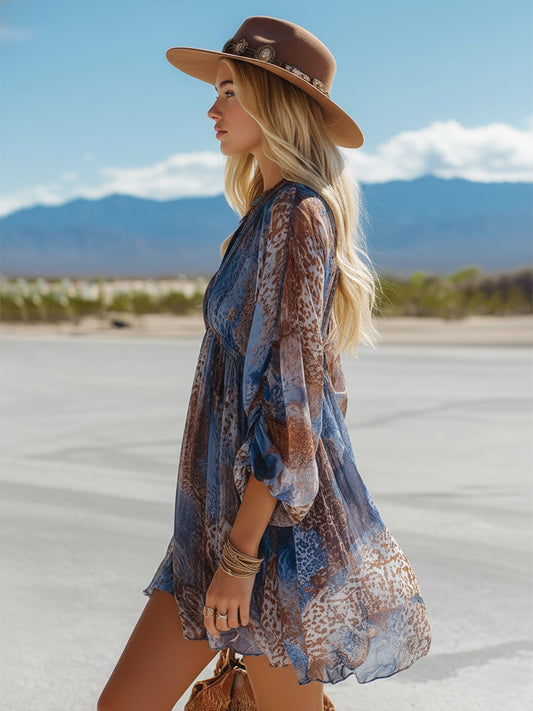 GY Retro Western-Style Blue Ombré Animal Print Chiffon Mini Dress
