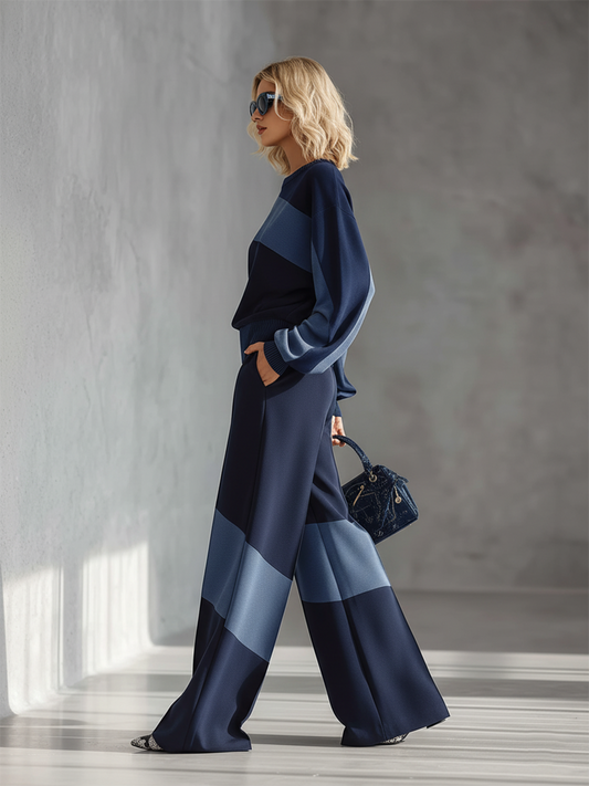 ZT Patchwork Cotton Sweatshirt and Sweatpants Matching Set Dark Blue