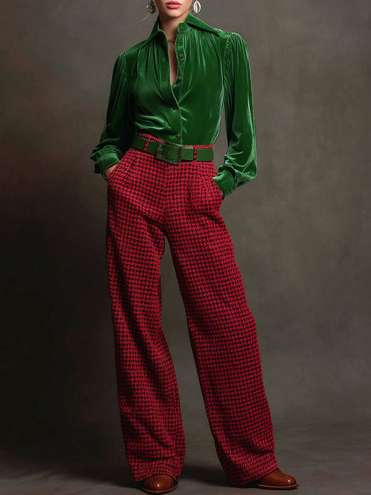 Retro Green Velvet Long Sleeve Shirt And Houndstooth Pants Set